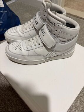 Celine White womens High-Top Leather Sneakers with Ankle Strap size 38